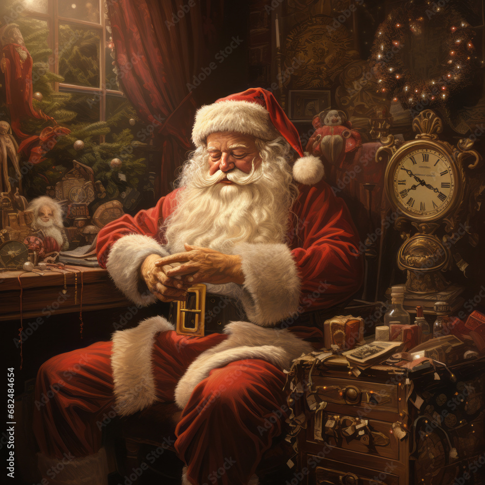 Santa Claus resting in his armchair before Christmas, children's wishes, workshop, north pole, Kriss Kringle Santa Claus resting in his armchair before Christmas, children's wishes, workshop, north pole, Kriss Kringle