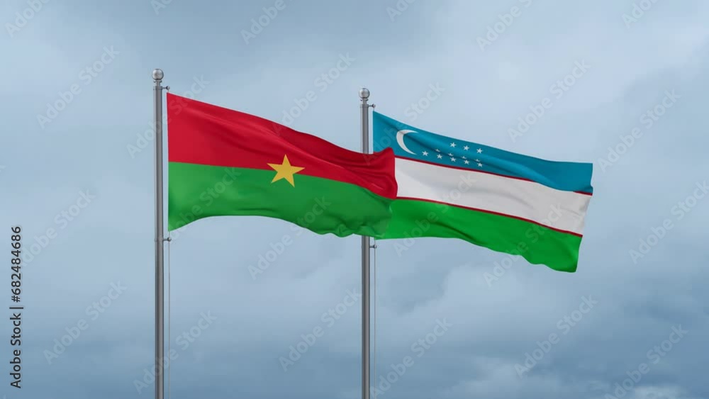 Republic of Uzbekistan and Burkina Faso flag waving together on cloudy sky, endless seamless loop, two country cooperation concept Republic of Uzbekistan and Burkina Faso flag waving together on cloudy sky, endless seamless loop, two country cooperation concept