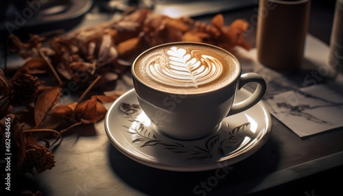 A Warm and Inviting Cappuccino Resting on a White Saucer on a Wooden Table
