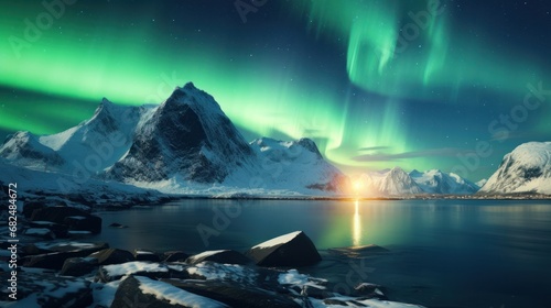 A breathtaking sight of luminous green aurora borealis illuminating the night sky above a snow-capped mountain ridge © Chingiz