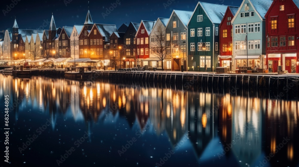 A panoramic view showcasing the historic charm of Bergen during the Christmas season. The scene features the iconic old wooden Hanseatic houses that define the character of Bergen's architecture.