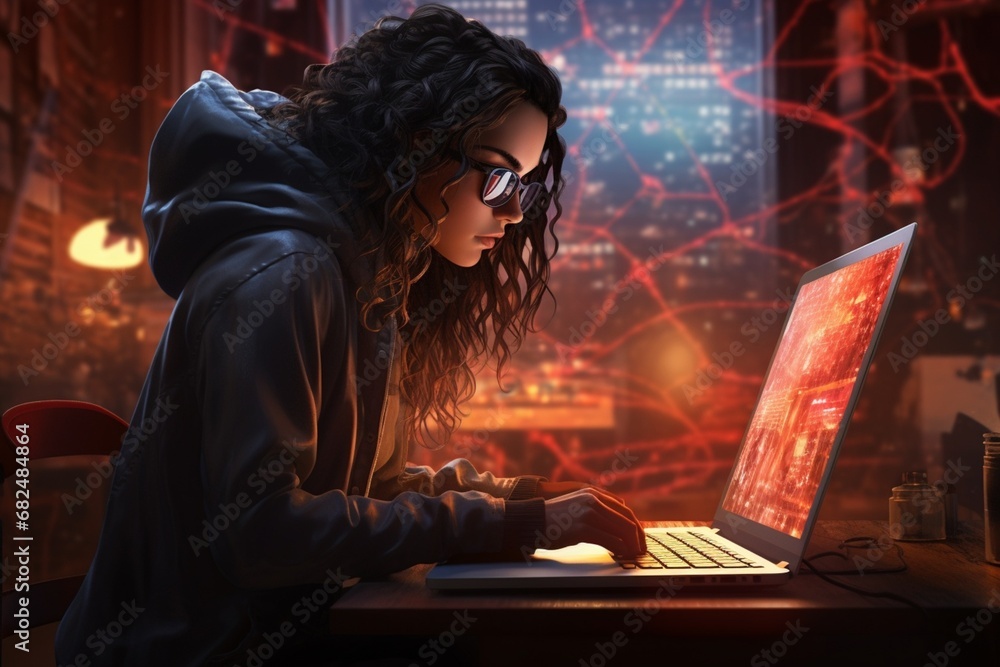 portrait of a cybercriminal girl in dark glasses looking intently into a laptop and planning a cyber attack, the concept of digital espionage and theft of personal information,women's cybercrime portrait of a cybercriminal girl in dark glasses looking intently into a laptop and planning a cyber attack, the concept of digital espionage and theft of personal information,women's cybercrime