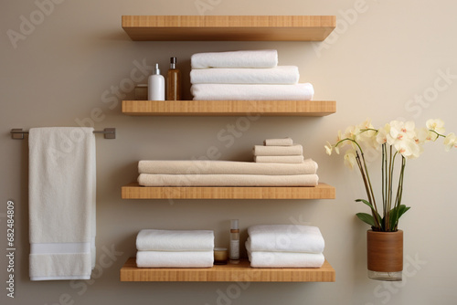 white towels and household chemicals are neatly stacked on wooden shelves, in the style of minimalism,proper organization of storage aimed at reducing excessive consumption, © Наталья Лазарева