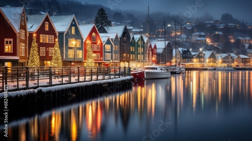 A panoramic view showcasing the historic charm of Bergen during the Christmas season. The scene features the iconic old wooden Hanseatic houses that define the character of Bergen's architecture.