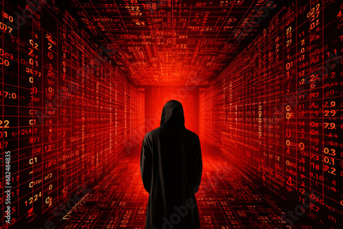 a black silhouette of a hooded man standing against the background of a distorted double code in red, symbolizing the idea of cybercriminals and hackers,digital illustration