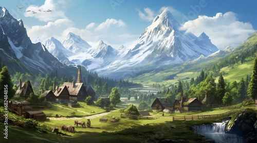 an image of an elegant mountain village with a peaceful mountain forest