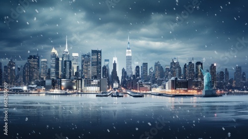A breathtaking view capturing snowfall in New York City, showcasing the iconic skyline with towering urban skyscrapers adorning Manhattan, USA.