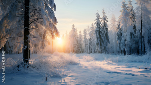 A frosty day in a snowy forest at sunset