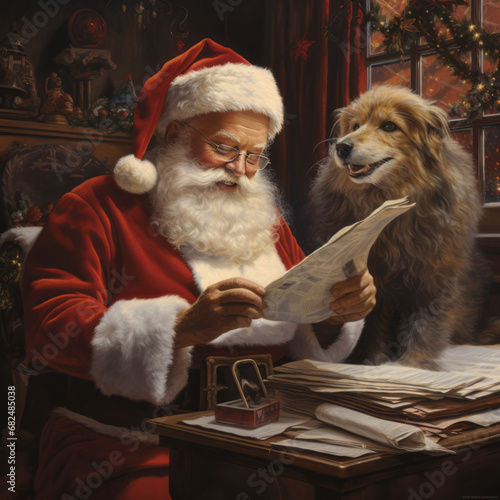 Santa Claus rand his dog eading children's letters for Christmas, children's wishes, workshop, north pole, Kriss Kringle  photo
