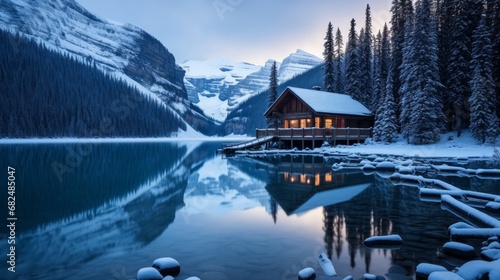An awe-inspiring photograph captured during the serene blue hour, showcasing a boathouse on a tranquil winter morning at Lake Louise in Alberta, Canada photo
