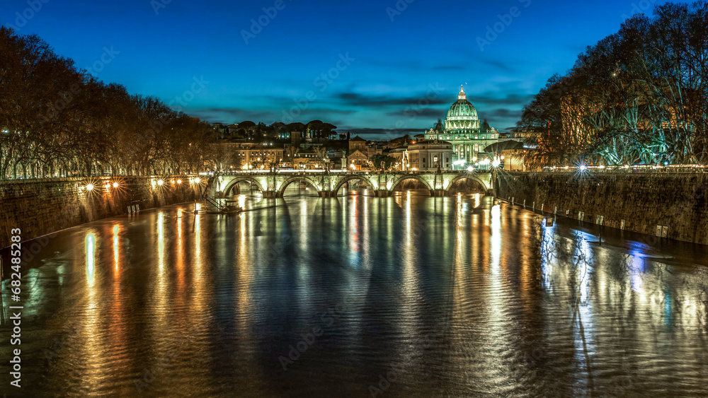 Panorama Bridge of Angels and St. Peter's Basilica in Rome at blue hour