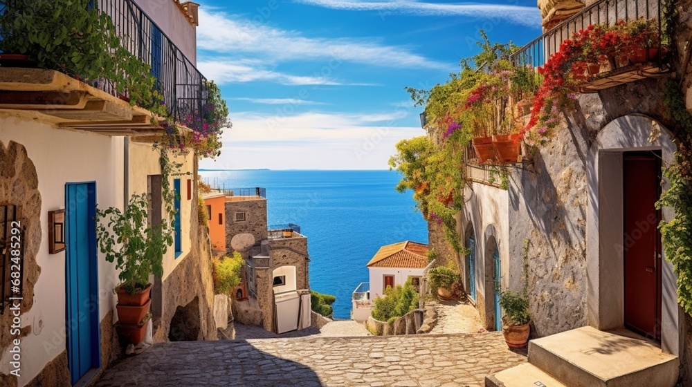 an image of an elegant coastal village with narrow cobblestone streets