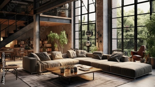 Living room interior in loft, industrial style. © AL