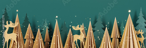 Cute beige paper Christmas pine trees with Reindeers on green background. 3D Rendering, 3D Illustration