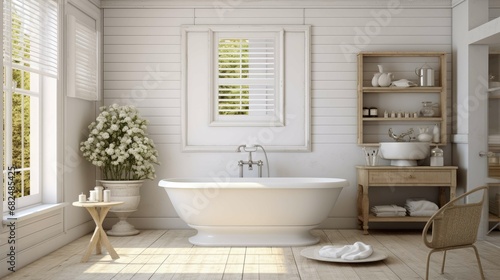  White bathroom interior, minimalist design with bathtub.