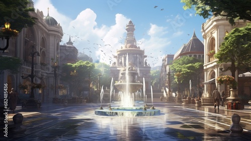 an image of a bustling plaza with a dancing water fountain photo