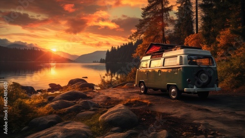 How can a scenic sunset road trip by the riverside in nature provide an adventurous and liberating experience while traveling in a van?
 photo