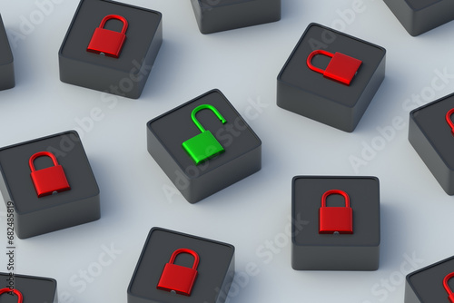 Open access concept. Security system vulnerability. Information leak. Firewall bypass. Declassified data. Password hacking. Green padlock among many closed on buttons. 3d render photo