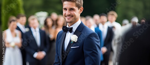 At the morning wedding celebration, a confident and elegant young man with a groom's hairstyle, beard, blue eyes, and a formal bow tie, wore a handsome portrait as he happily celebrated his marriage photo