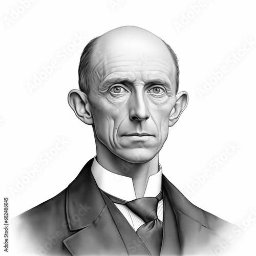 Black and white vintage engraving, headshot portrait of Wilbur Wright, the famous American inventor and aviation pioneer, white background, greyscale - Generative AI photo