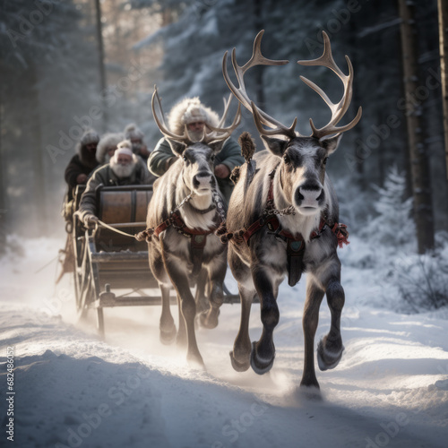 Santa Claus on a sled in the snowy forrest pushed by reindeers 