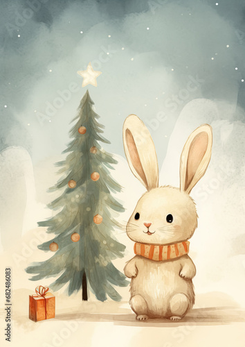 Retro postcard style of little smiling bunny with red scarf near the Christmas tree and gifts with starry sky at the background © NK Project