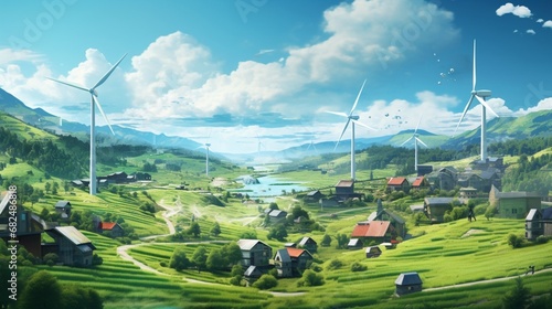 an image of a developed village with green energy sources like wind turbines