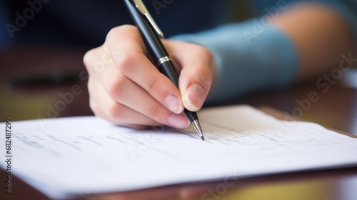 student's hand writing notes on a piece of paper with a pen.