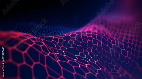 Abstract technology background with hexagons or honeycombs with red, pink and blue colors. Symbolizing a wave of data stream or blocks with information photo