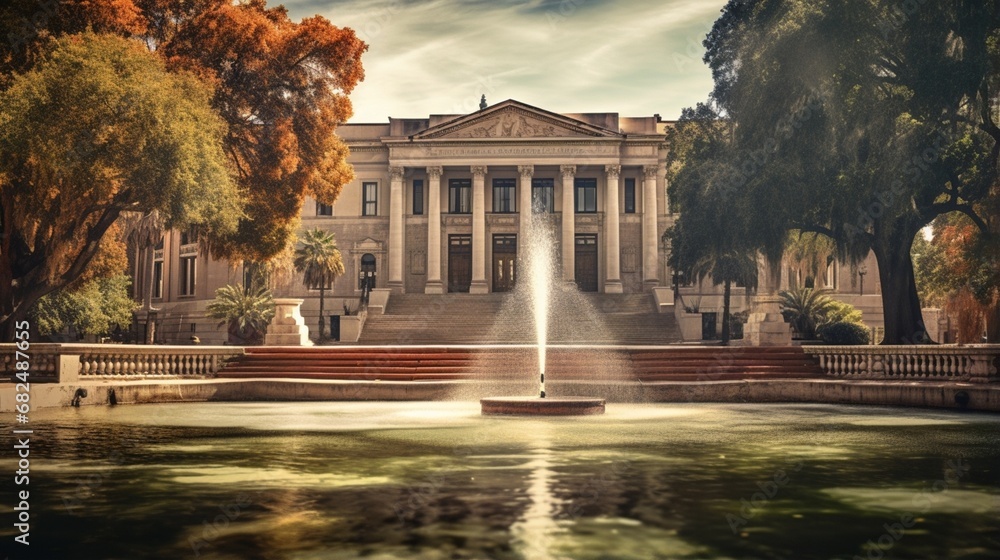 an image of a historic university campus with a classical scholarly fountain