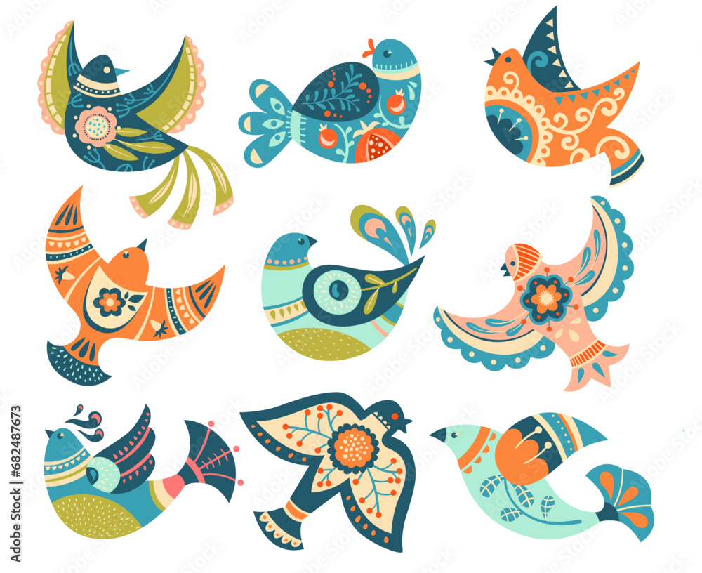 Folk Abstract Bird with Ornament and Decor Vector Illustration Set