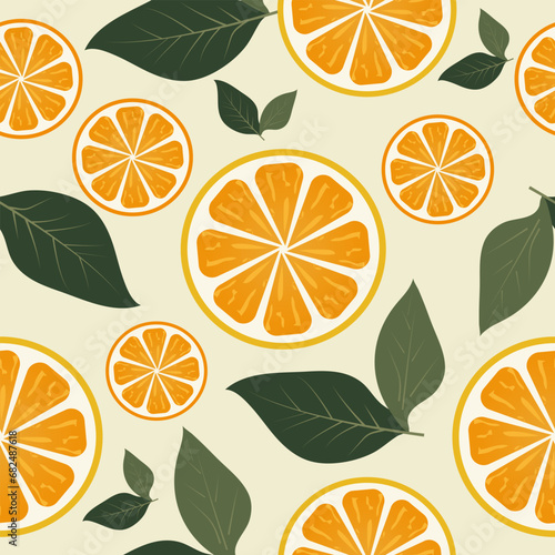 Vector seamless pattern with orange slices and leaves in flat style on a beige background. 