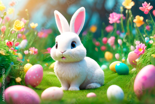 Happy Easter greeting cards. Easter eggs and floral decorative elements, 3d render modern illuatration. © elena_hramowa