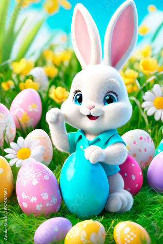 Easter greeting card. Bunny, colourful eggs and flowers, 3d render modern illuatration.