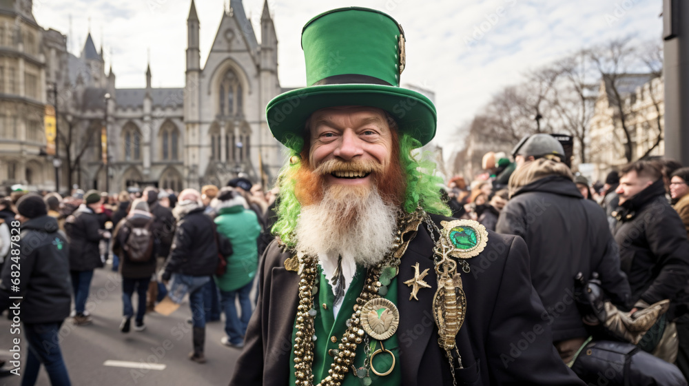 Obraz premium man celebrating st patrick's day in a green outfit with beard and green top hat