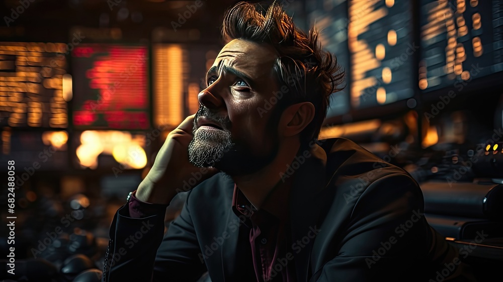 Finance Panic. Stressed Businessman Watches Stock Market Crash and Business Decline Amid Economic Crisis