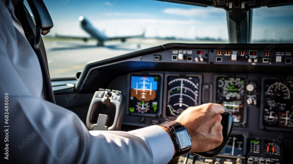 pilot's hand on the controls of an airplane, with the cockpit instruments visible in the background pilot's hand on the controls of an airplane, with the cockpit instruments visible in the background