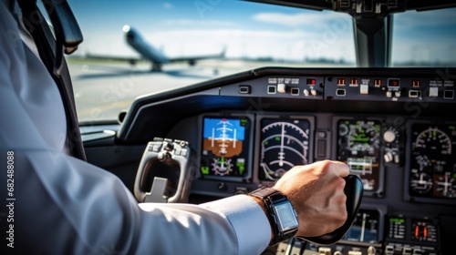 pilot's hand on the controls of an airplane, with the cockpit instruments visible in the background