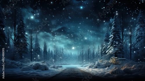 A Serene Winter Wonderland: Snowy Night with Twinkling Stars, Majestic Trees, and Gentle Snowfall background © Predrag