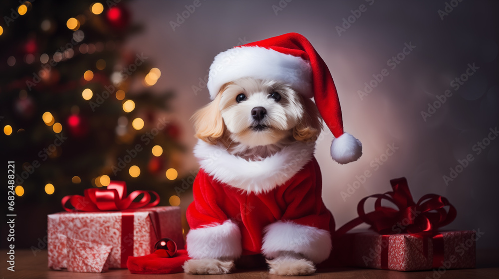 cute dog in santa claus costume 