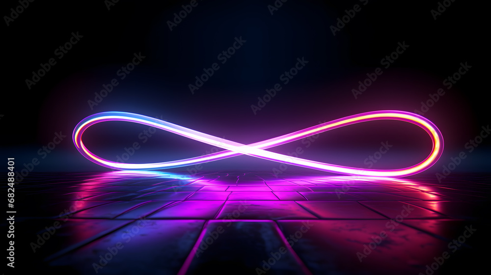 Infinity sign made of neon lights on the floor. Suitable for wallpaper or background in web design Infinity sign made of neon lights on the floor. Suitable for wallpaper or background in web design