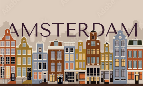 Historic Amsterdam style poster for landmarks. The Damrak street between Dam Square and Central Station. Historical destinations in Europe. Architecture of Netherlands.