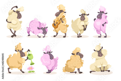 Funny Sheep Character with Woolly Coat Vector Set