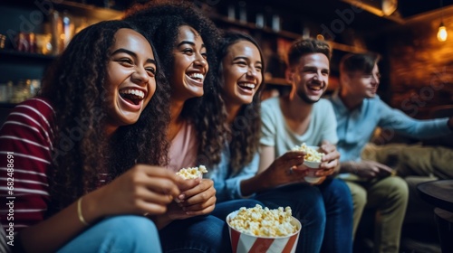 A group of friends gathered on a sectional sofa  watching a movie and eating popcorn