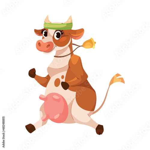 Funny Cow Character with Udder and Horns Run Do Sport Vector Illustration