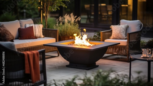 beautifully designed outdoor patio area with modern furniture, potted plants, and a cozy fire pit. photo