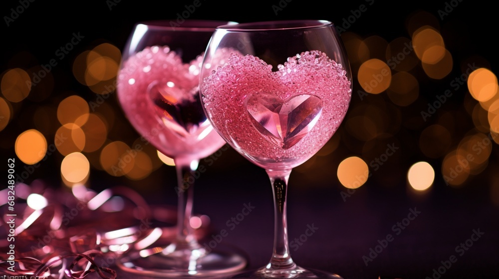 A close-up of heart-shaped wine glasses filled with a sparkling pink beverage.