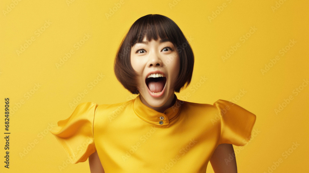 Excited young asian woman in yellow outfit shouting at camera and screaming, shouting at something, standing over yellow background. Excited young asian woman in yellow outfit shouting at camera and screaming, shouting at something, standing over yellow background.