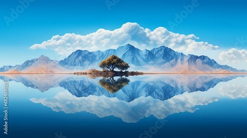 an image of a mirrored lake reflecting a clear blue sky