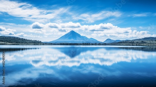 an image of a mirrored lake reflecting a clear blue sky